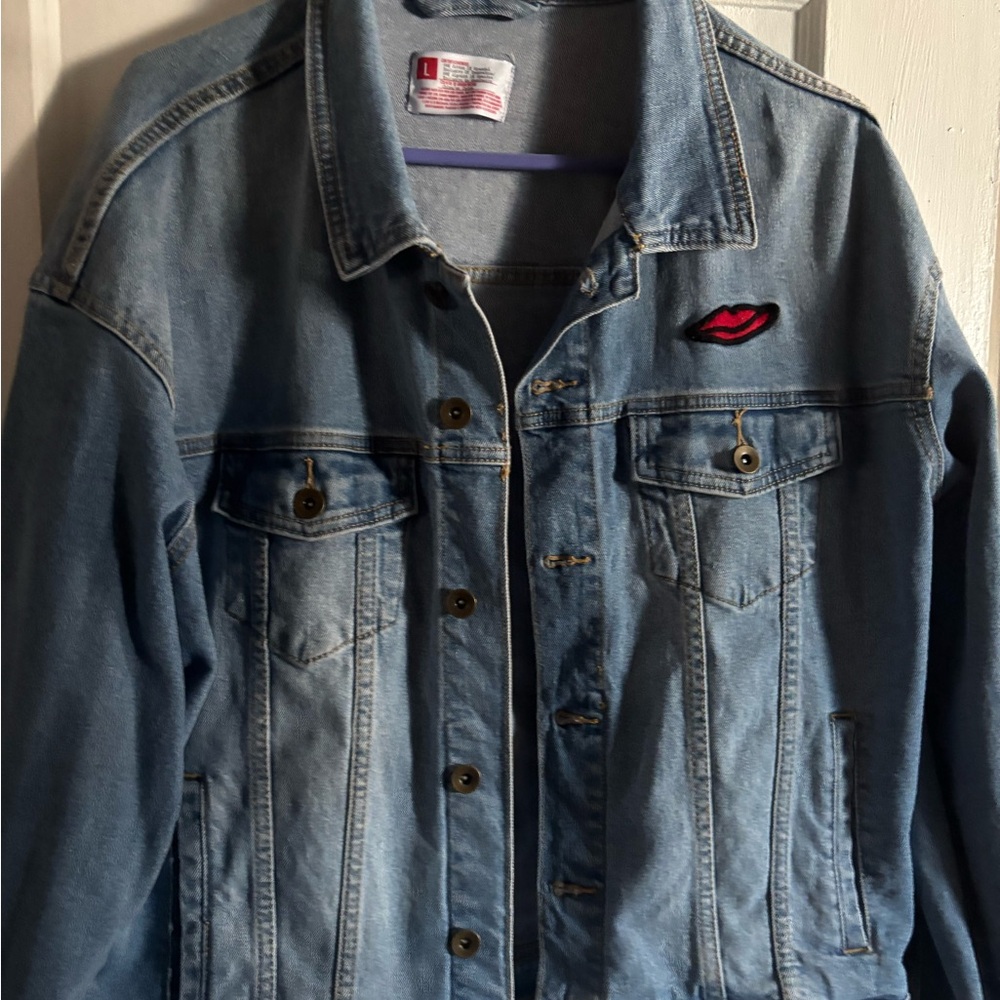 Blue Denim Jacket with Red Lips Patch